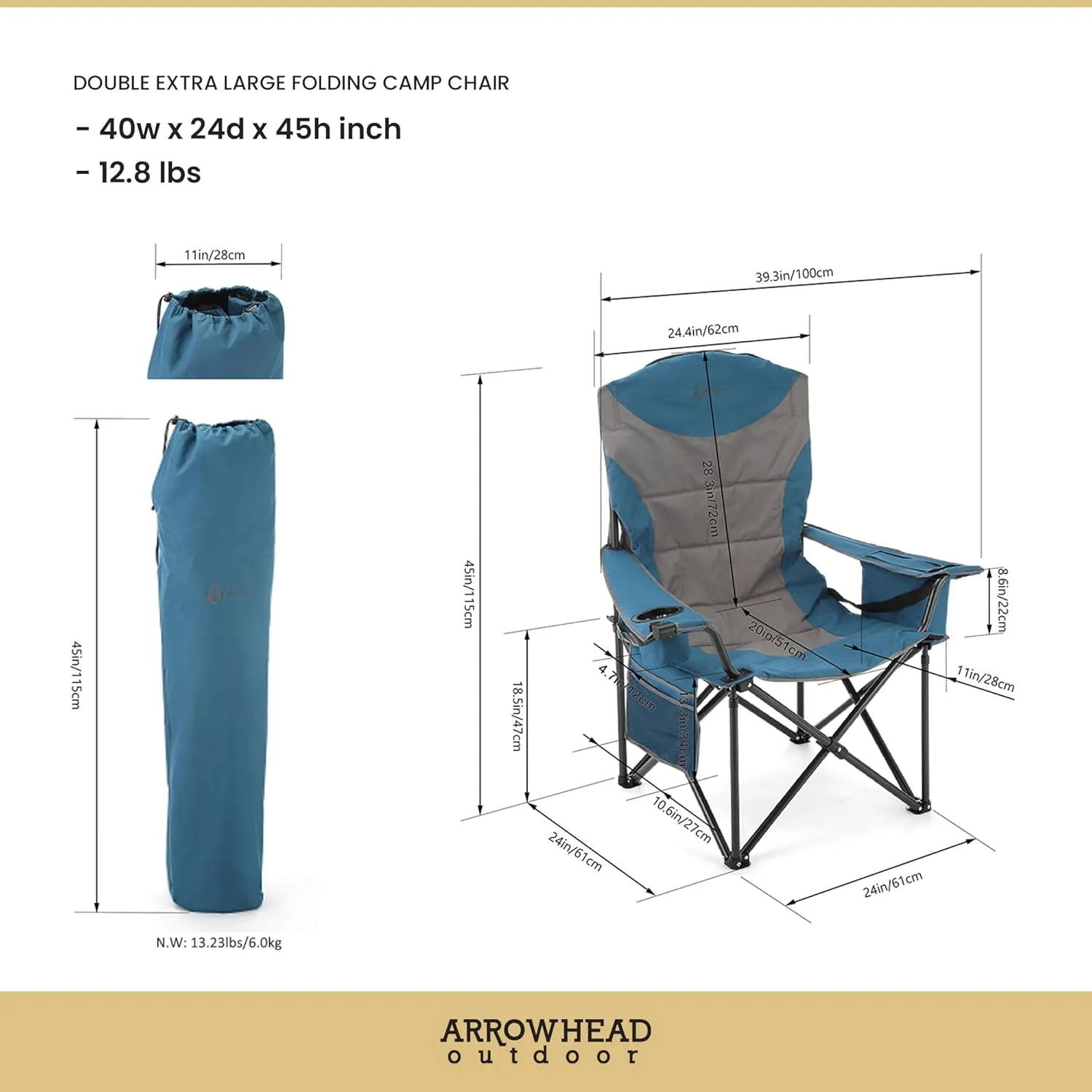 ARROWHEAD OUTDOOR 2-Pack Oversized XXL Portable Folding Camp Chair w/Glass & Cup Holders, Armrest Cooler, Heavy Duty Carry Bag, 600 lbs Weight Capacity