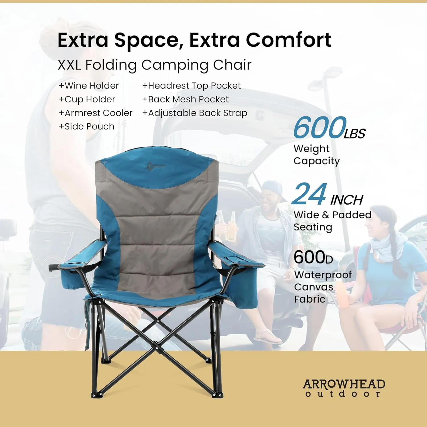 ARROWHEAD OUTDOOR 2-Pack Oversized XXL Portable Folding Camp Chair w/Glass & Cup Holders, Armrest Cooler, Heavy Duty Carry Bag, 600 lbs Weight Capacity
