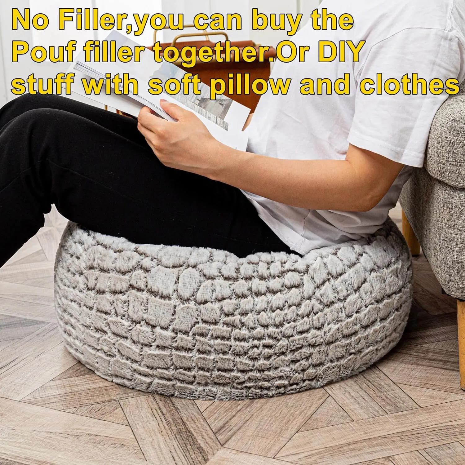 Asuprui Ottoman Pouf Unstuffed Pouf Ottoman Foot Rest 20x12 Inches Fuzzy Chair Round NO Filler Floor Bean Bag Chair Foot Rest with Storage for Living Room Bedroom Cover ONLY Coffee White