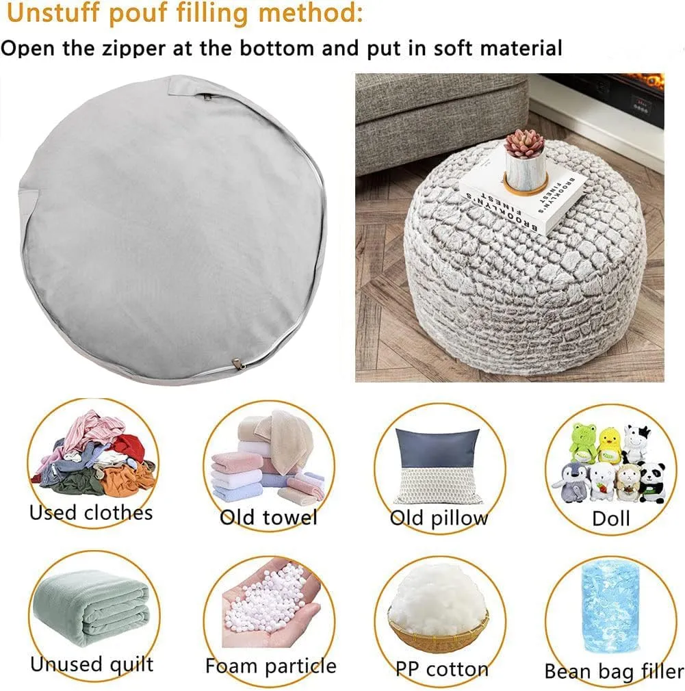 Asuprui Ottoman Pouf Unstuffed Pouf Ottoman Foot Rest 20x12 Inches Fuzzy Chair Round NO Filler Floor Bean Bag Chair Foot Rest with Storage for Living Room Bedroom Cover ONLY Coffee White