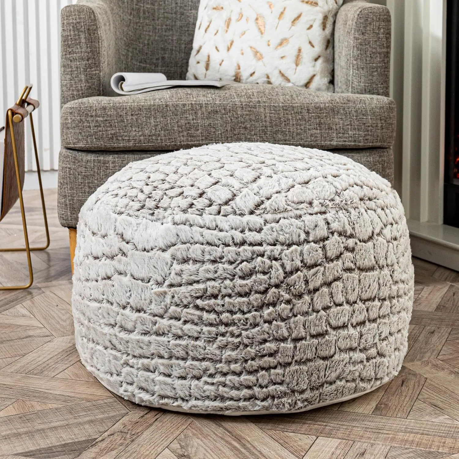 Asuprui Ottoman Pouf Unstuffed Pouf Ottoman Foot Rest 20x12 Inches Fuzzy Chair Round NO Filler Floor Bean Bag Chair Foot Rest with Storage for Living Room Bedroom Cover ONLY Coffee White