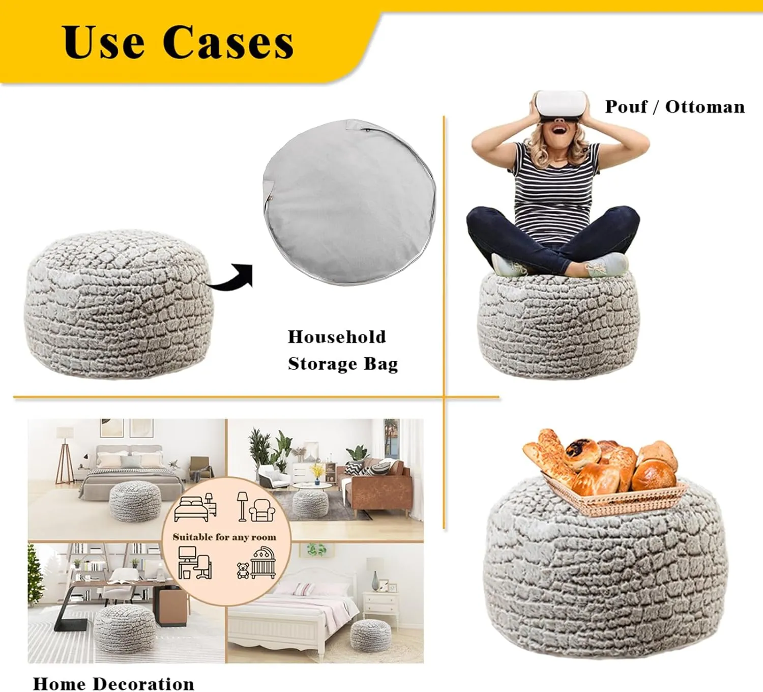 Asuprui Ottoman Pouf Unstuffed Pouf Ottoman Foot Rest 20x12 Inches Fuzzy Chair Round NO Filler Floor Bean Bag Chair Foot Rest with Storage for Living Room Bedroom Cover ONLY Coffee White
