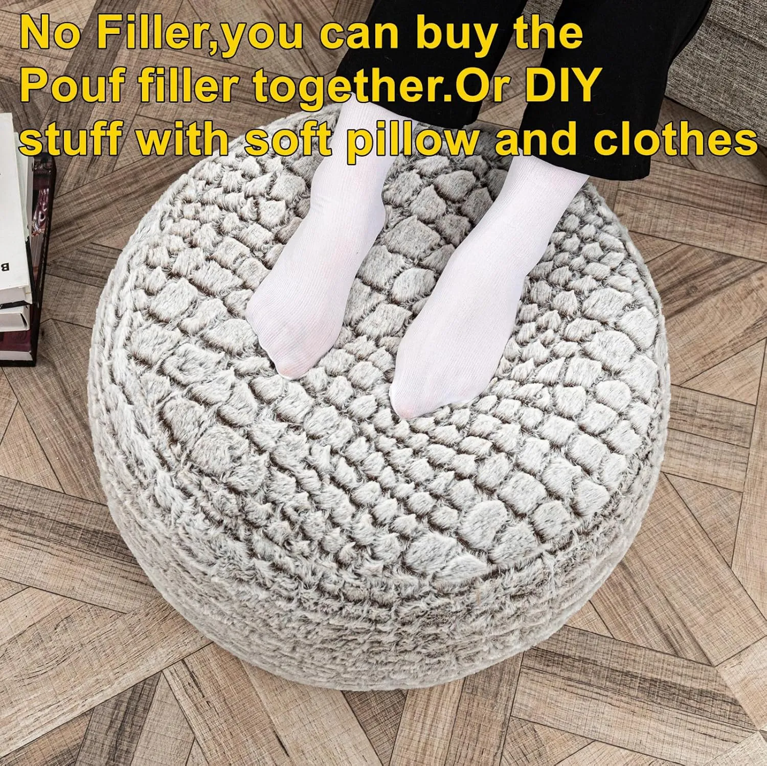 Asuprui Ottoman Pouf Unstuffed Pouf Ottoman Foot Rest 20x12 Inches Fuzzy Chair Round NO Filler Floor Bean Bag Chair Foot Rest with Storage for Living Room Bedroom Cover ONLY Coffee White
