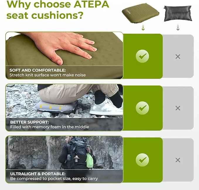 ATEPA Inflatable Seat Cushion Lightweight Self-Inflatable Memory Foam Seat Cushion for Stadium Airplane Trevel, Waterproof Portable Seat Cushion Best for Backpacking Camping Chair Pad, Olive Green