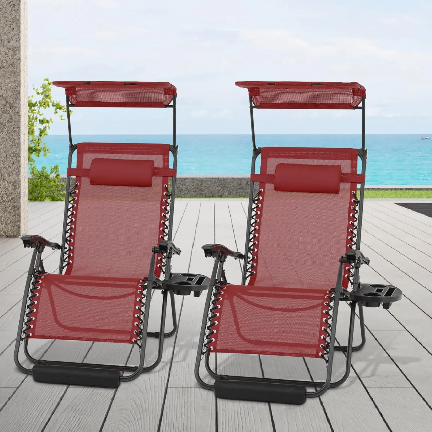 Athena Collection Zero Gravity Outdoor Lounge Chair Set of 2 with Canopy Shade, 29" Width Pool Lounge Lawn Chairs Reclining with Cup Holder Foot Pad, Outdoor Chaise for Beach Patio Outside, Dark Red