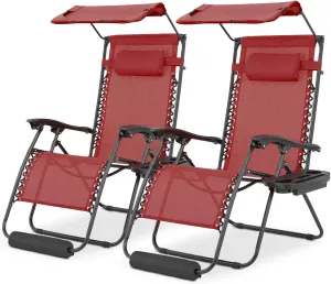 Athena Collection Zero Gravity Outdoor Lounge Chair Set of 2 with Canopy Shade, 29" Width Pool Lounge Lawn Chairs Reclining with Cup Holder Foot Pad, Outdoor Chaise for Beach Patio Outside, Dark Red