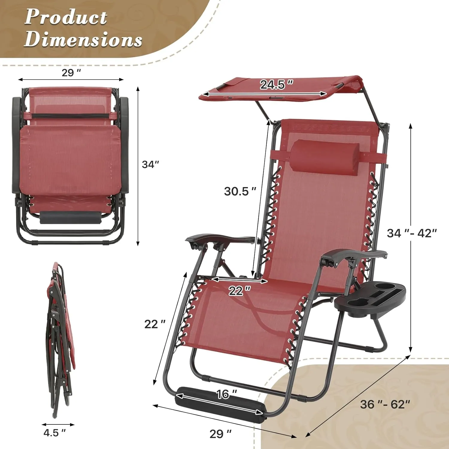 Athena Collection Zero Gravity Outdoor Lounge Chair Set of 2 with Canopy Shade, 29" Width Pool Lounge Lawn Chairs Reclining with Cup Holder Foot Pad, Outdoor Chaise for Beach Patio Outside, Dark Red