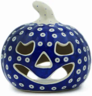 Authentic Polish Pottery Jack O Lantern Candle Holder in Lovely Blue Eyes Design Handmade in Bolesławiec Poland by Ceramika Dalia   Certificate of Authenticity