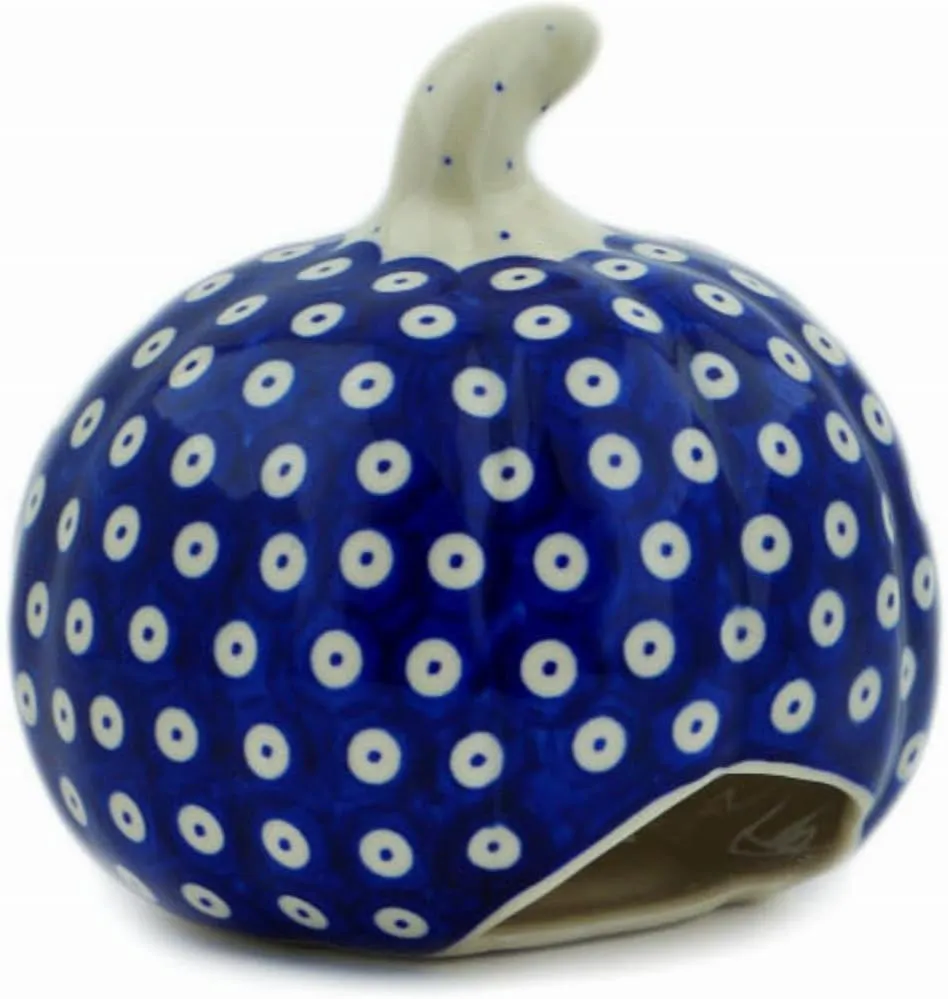 Authentic Polish Pottery Jack O Lantern Candle Holder in Lovely Blue Eyes Design Handmade in Bolesławiec Poland by Ceramika Dalia   Certificate of Authenticity