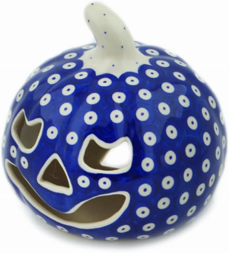 Authentic Polish Pottery Jack O Lantern Candle Holder in Lovely Blue Eyes Design Handmade in Bolesławiec Poland by Ceramika Dalia   Certificate of Authenticity
