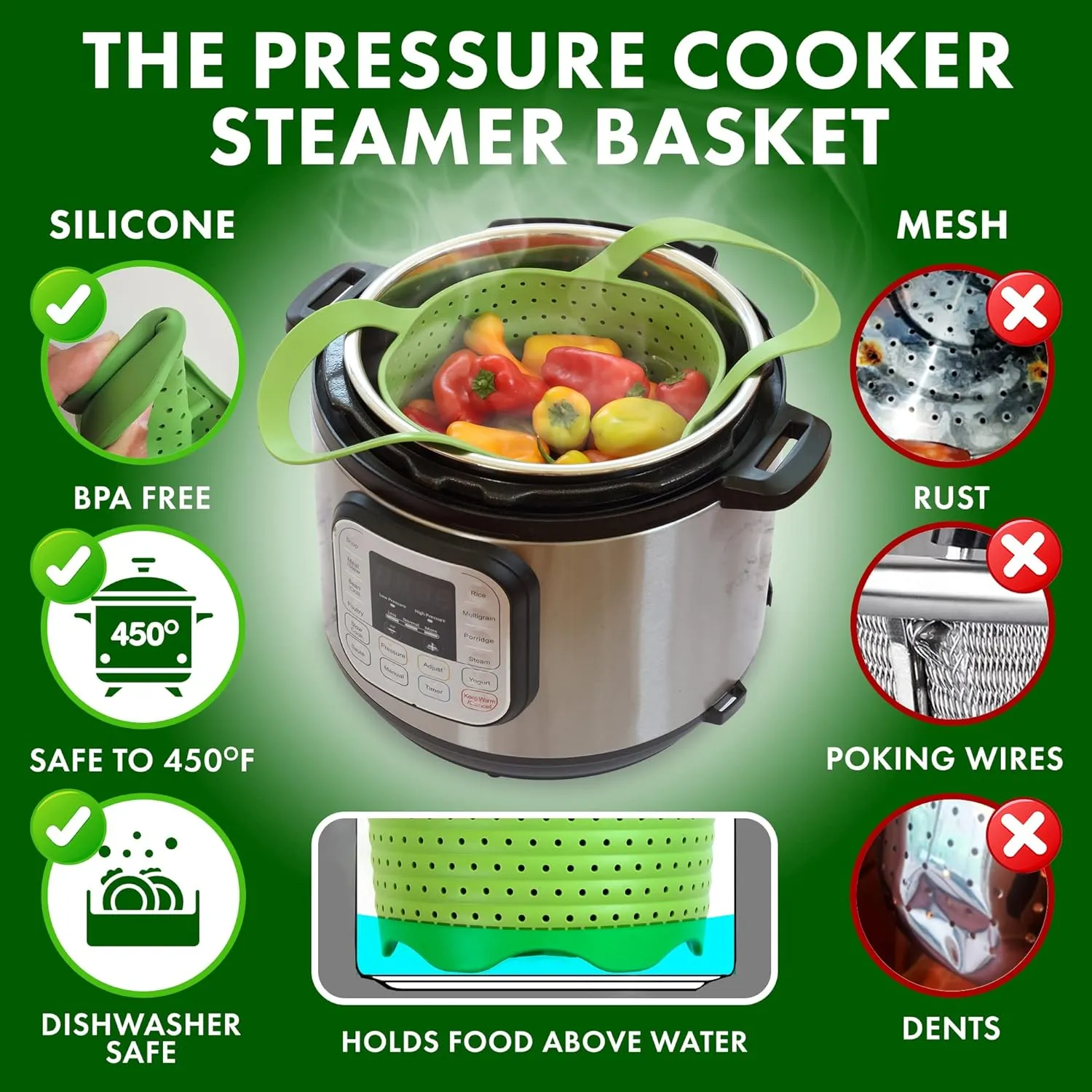 Avokado Silicone Steamer Basket for 8qt Instant Pot [3qt, 6qt avail], Ninja Foodi, Other Pressure Cookers - 100% Food Safe, BPA-Free, Dishwasher Safe Collapsible Vegetable Steamer Basket & Strainer