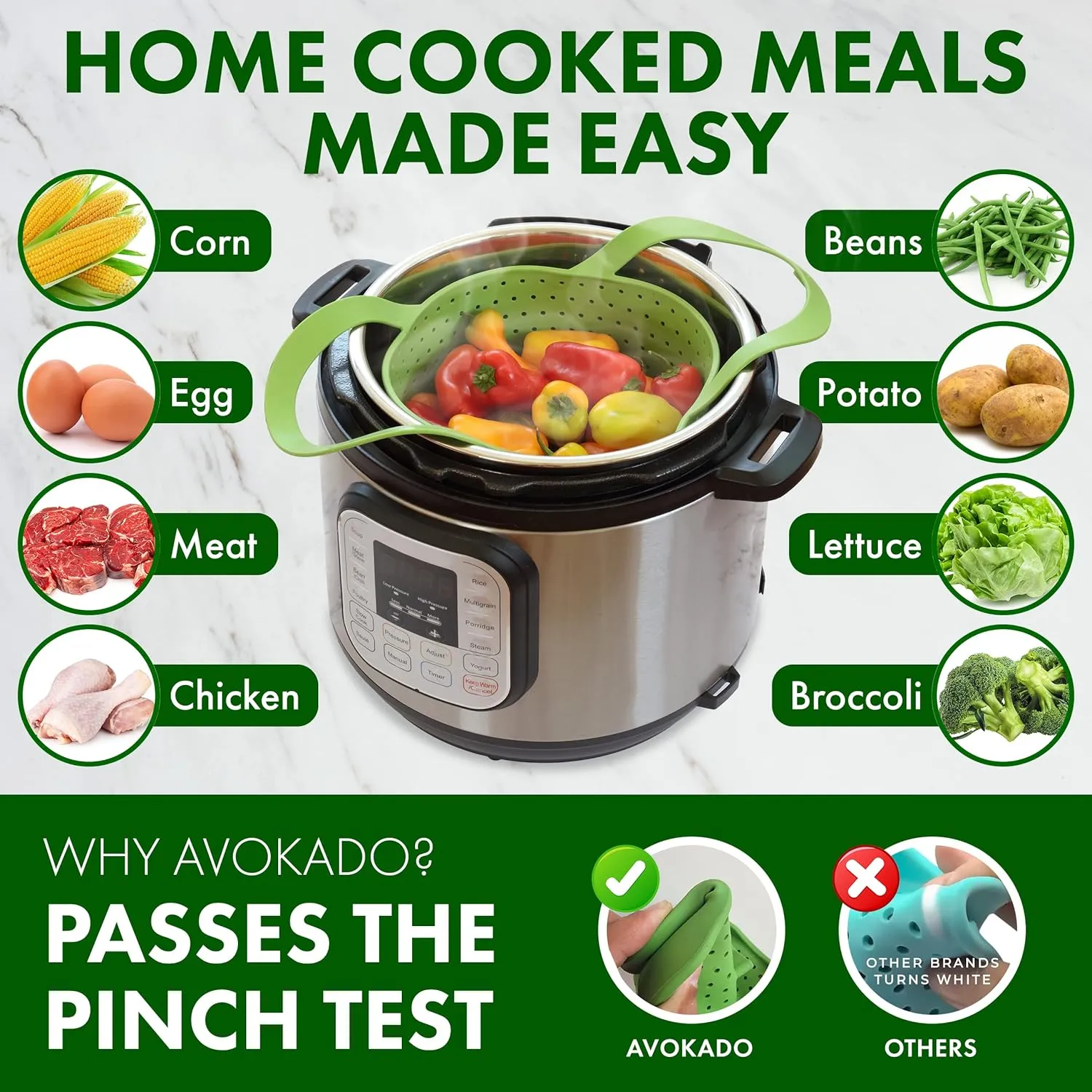 Avokado Silicone Steamer Basket for 8qt Instant Pot [3qt, 6qt avail], Ninja Foodi, Other Pressure Cookers - 100% Food Safe, BPA-Free, Dishwasher Safe Collapsible Vegetable Steamer Basket & Strainer