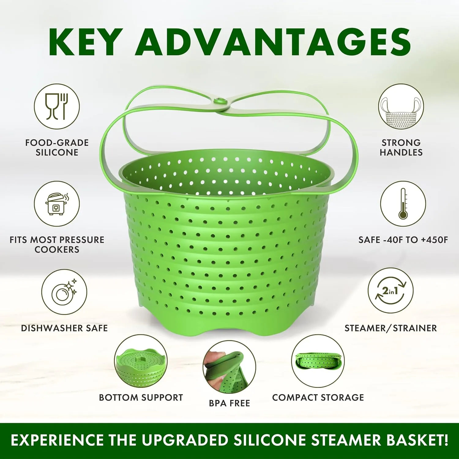 Avokado Silicone Steamer Basket for 8qt Instant Pot [3qt, 6qt avail], Ninja Foodi, Other Pressure Cookers - 100% Food Safe, BPA-Free, Dishwasher Safe Collapsible Vegetable Steamer Basket & Strainer