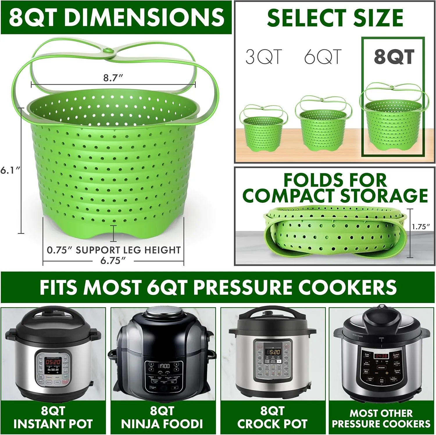 Avokado Silicone Steamer Basket for 8qt Instant Pot [3qt, 6qt avail], Ninja Foodi, Other Pressure Cookers - 100% Food Safe, BPA-Free, Dishwasher Safe Collapsible Vegetable Steamer Basket & Strainer