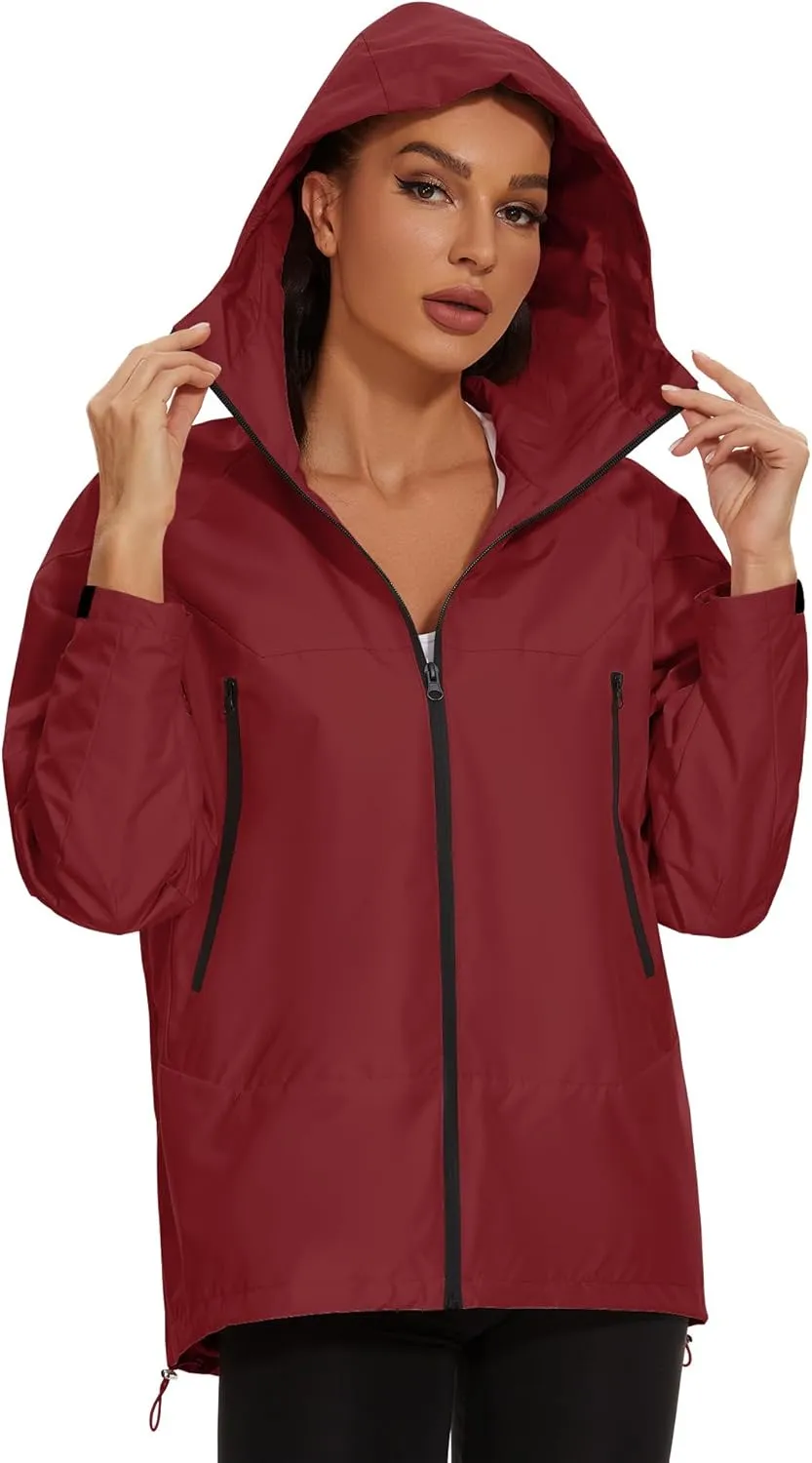 Avoogue Rain Jacket for Women Loose Fit Waterproof Lightweight Lined Rain Coat Hiking Windbreaker Jacket with Hood