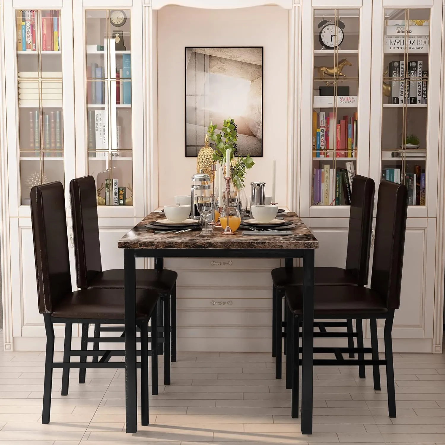 AWQM 5 Piece Dining Table Set for 4,Faux Marble Kitchen Table and Chairs for 4, Modern Dining Room Table with 4 Chairs,Dinner Table Set for Small Spaces, Brown
