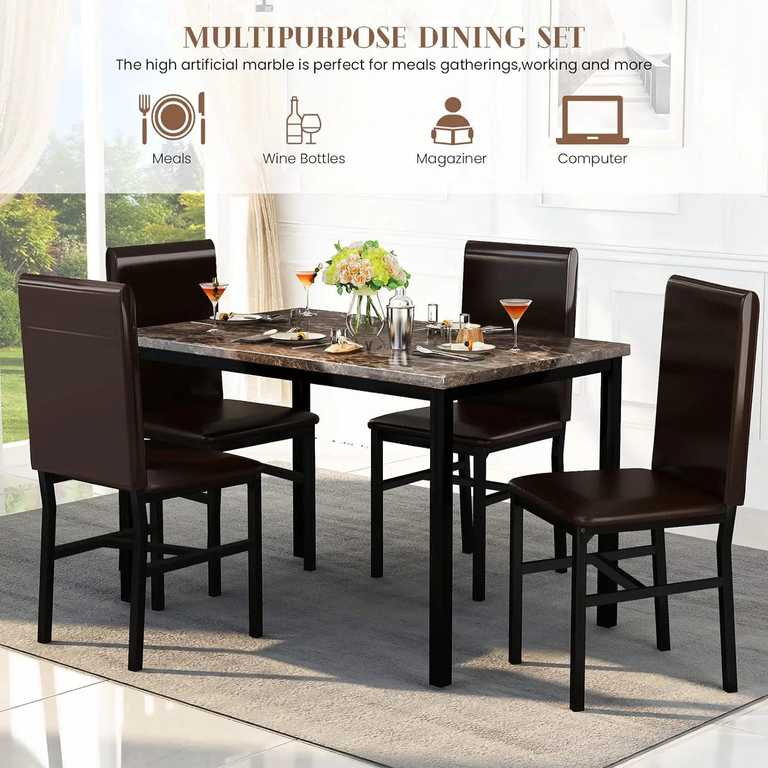 AWQM 5 Piece Dining Table Set for 4,Faux Marble Kitchen Table and Chairs for 4, Modern Dining Room Table with 4 Chairs,Dinner Table Set for Small Spaces, Brown