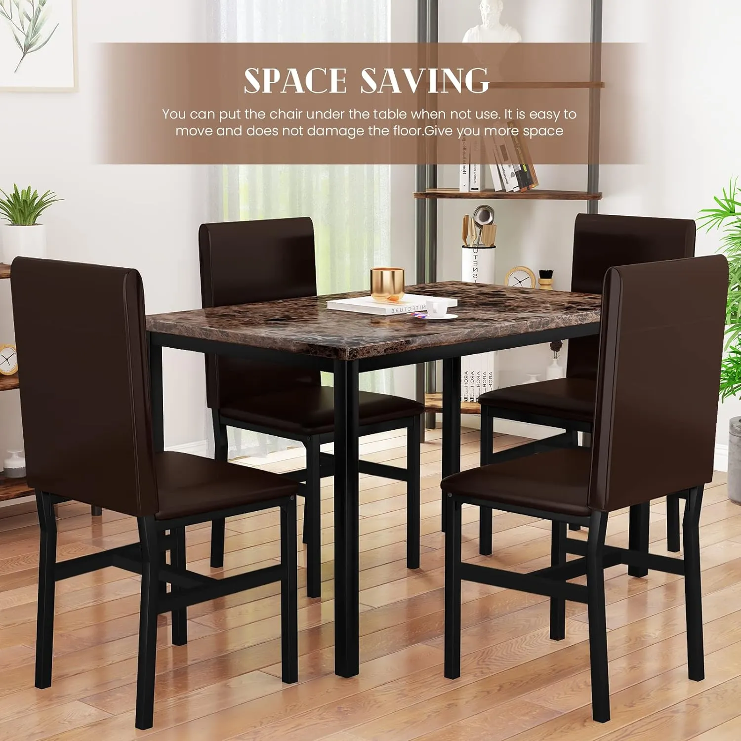 AWQM 5 Piece Dining Table Set for 4,Faux Marble Kitchen Table and Chairs for 4, Modern Dining Room Table with 4 Chairs,Dinner Table Set for Small Spaces, Brown