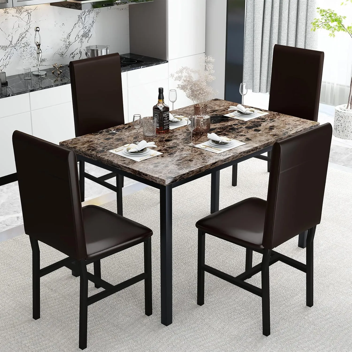AWQM 5 Piece Dining Table Set for 4,Faux Marble Kitchen Table and Chairs for 4, Modern Dining Room Table with 4 Chairs,Dinner Table Set for Small Spaces, Brown