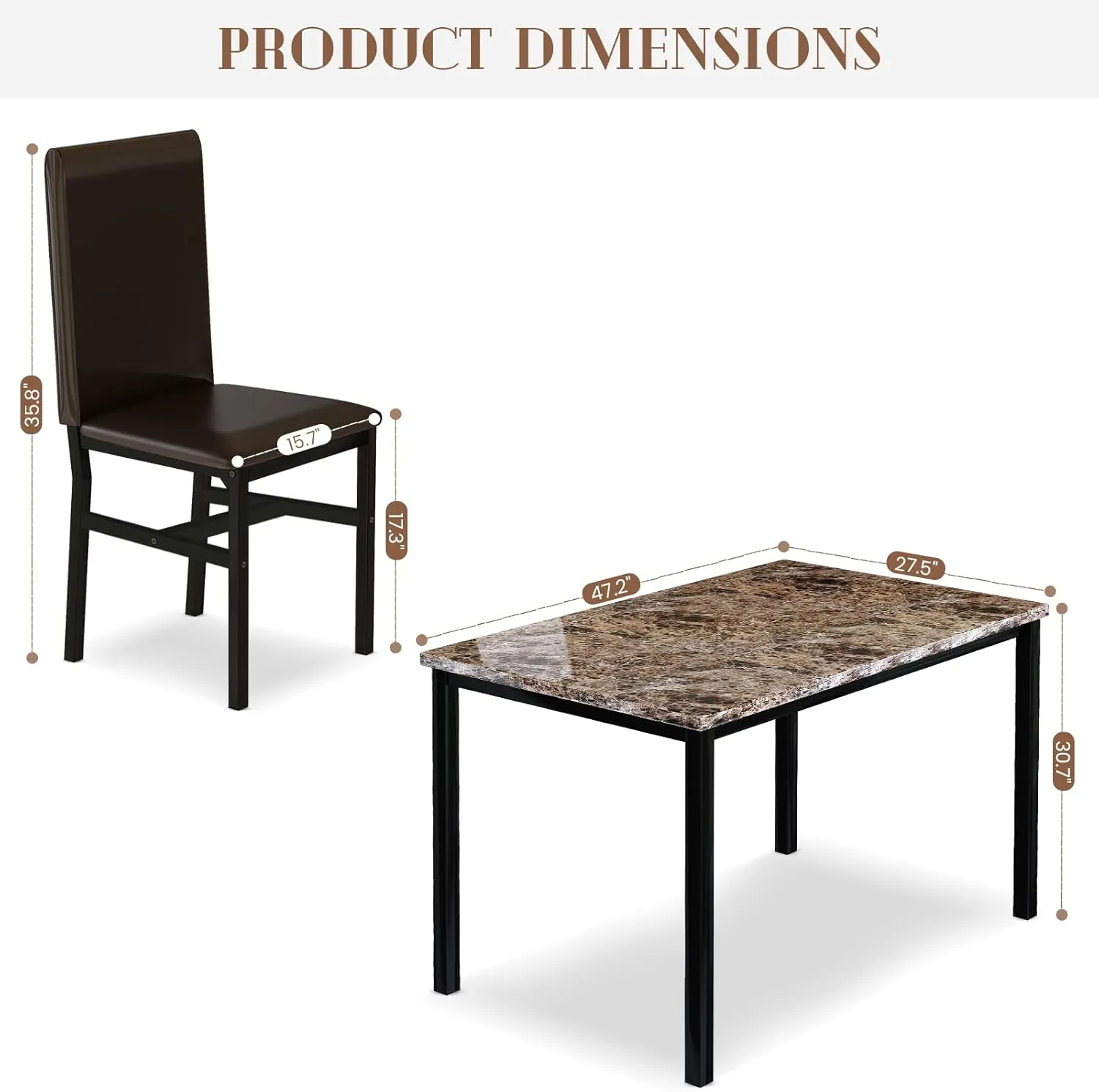 AWQM 5 Piece Dining Table Set for 4,Faux Marble Kitchen Table and Chairs for 4, Modern Dining Room Table with 4 Chairs,Dinner Table Set for Small Spaces, Brown