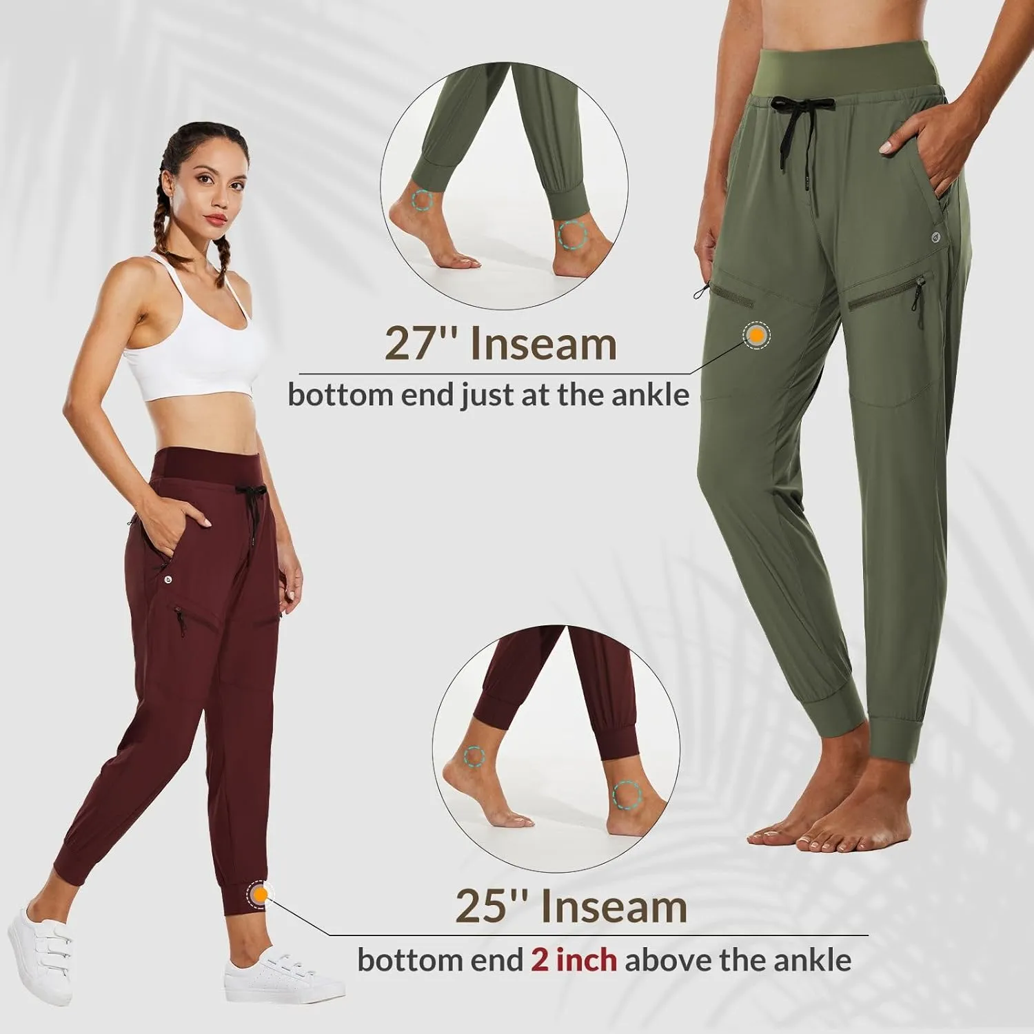baleaf Women's Joggers Lightweight Hiking Pants High Waist 5 Zipper Pockets Quick Dry Travel Athletic UPF50 