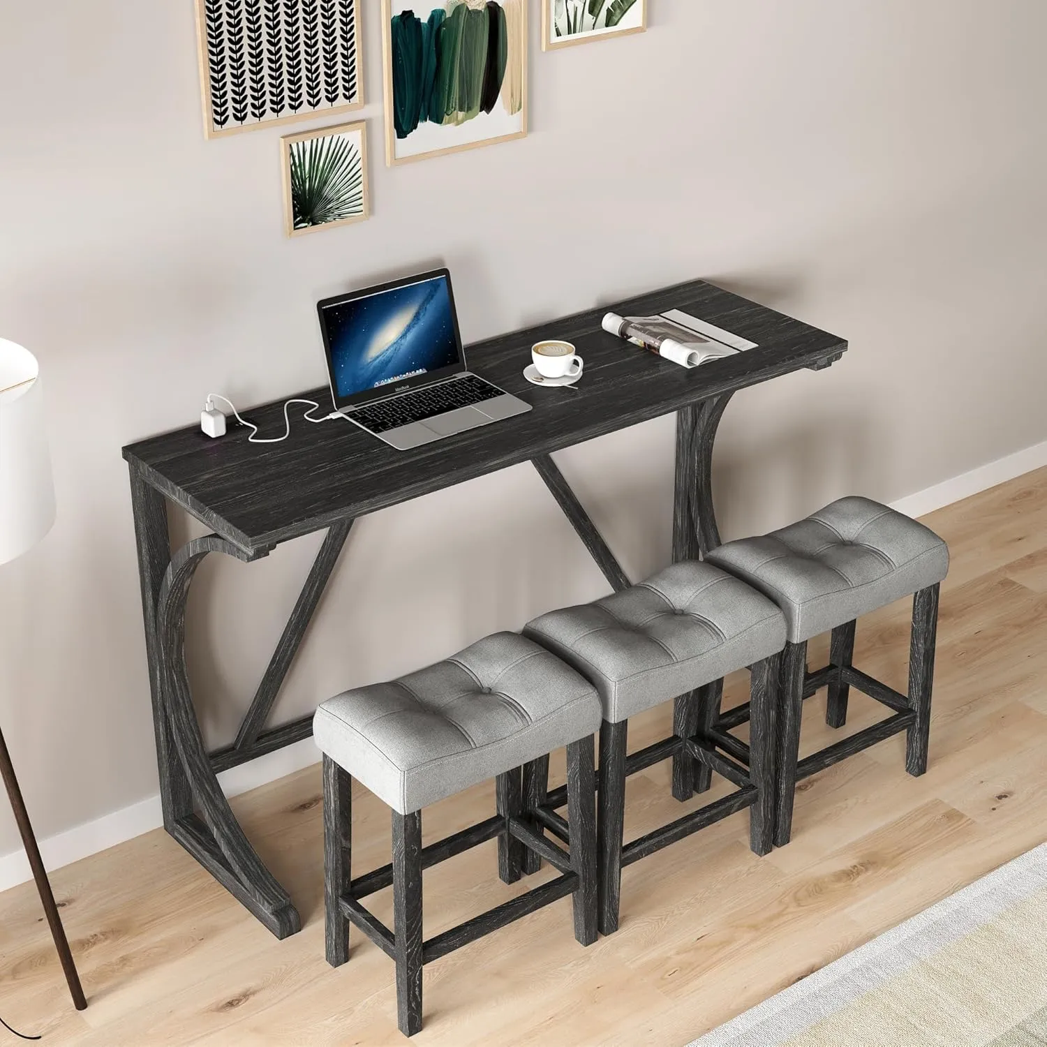 Ball & Cast 4 Piece Industrial Wooden Kitchen Dining Table Chairs Sets w/Charging Station,3pcs Upholstered Backless Counter Stools & 59" Bar-Table Built-in Electrical Outlets&USB Ports&Type C, Black