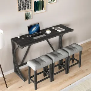 Ball & Cast 4 Piece Industrial Wooden Kitchen Dining Table Chairs Sets w/Charging Station,3pcs Upholstered Backless Counter Stools & 59" Bar-Table Built-in Electrical Outlets&USB Ports&Type C, Black
