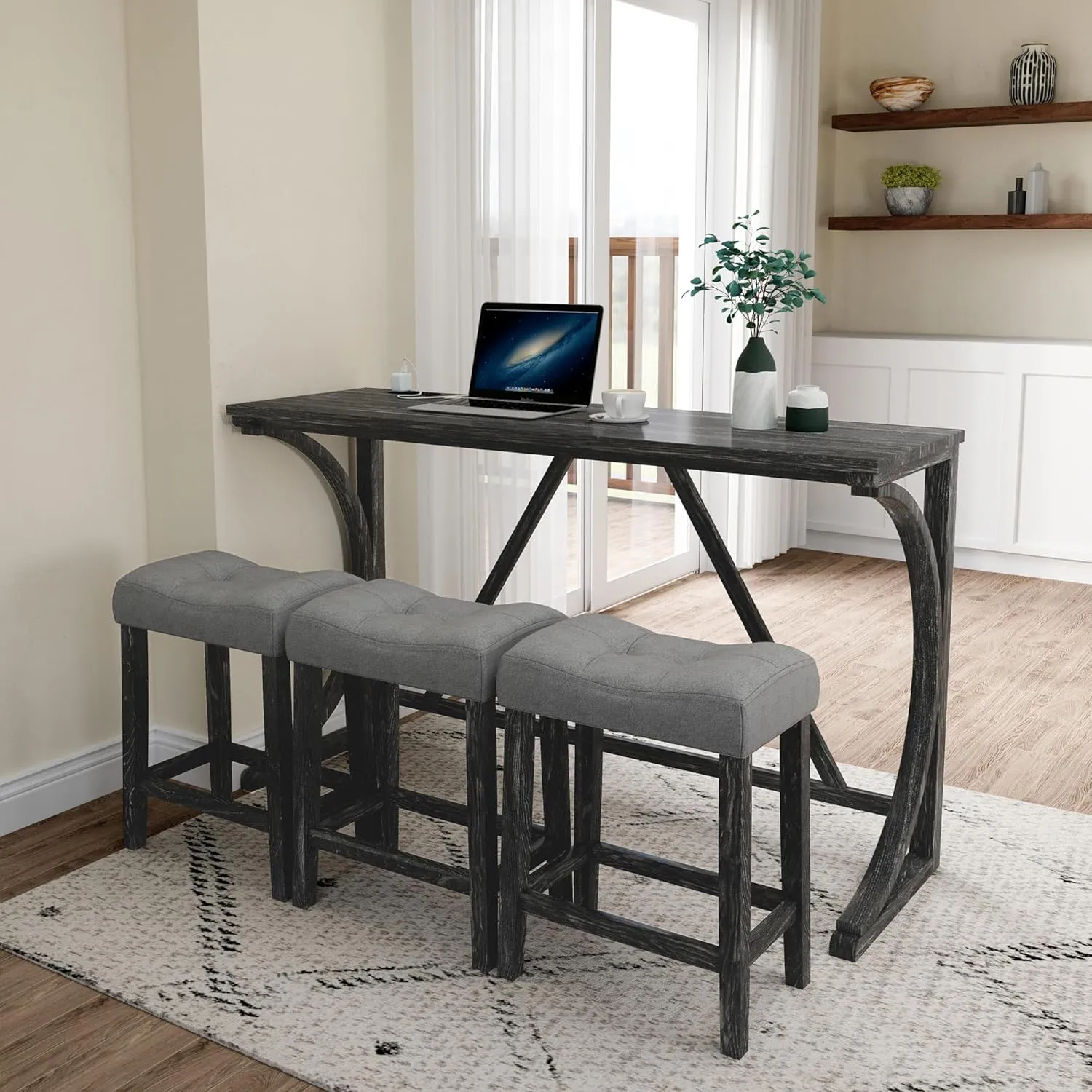 Ball & Cast 4 Piece Industrial Wooden Kitchen Dining Table Chairs Sets w/Charging Station,3pcs Upholstered Backless Counter Stools & 59" Bar-Table Built-in Electrical Outlets&USB Ports&Type C, Black