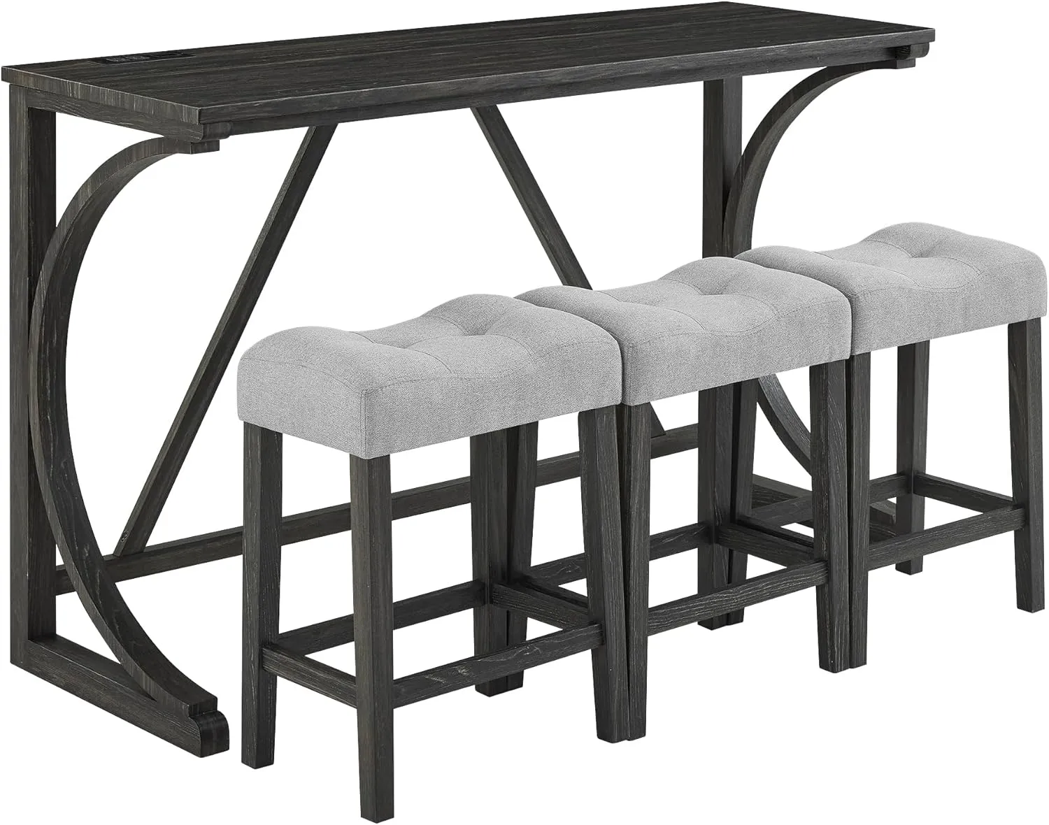 Ball & Cast 4 Piece Industrial Wooden Kitchen Dining Table Chairs Sets w/Charging Station,3pcs Upholstered Backless Counter Stools & 59" Bar-Table Built-in Electrical Outlets&USB Ports&Type C, Black