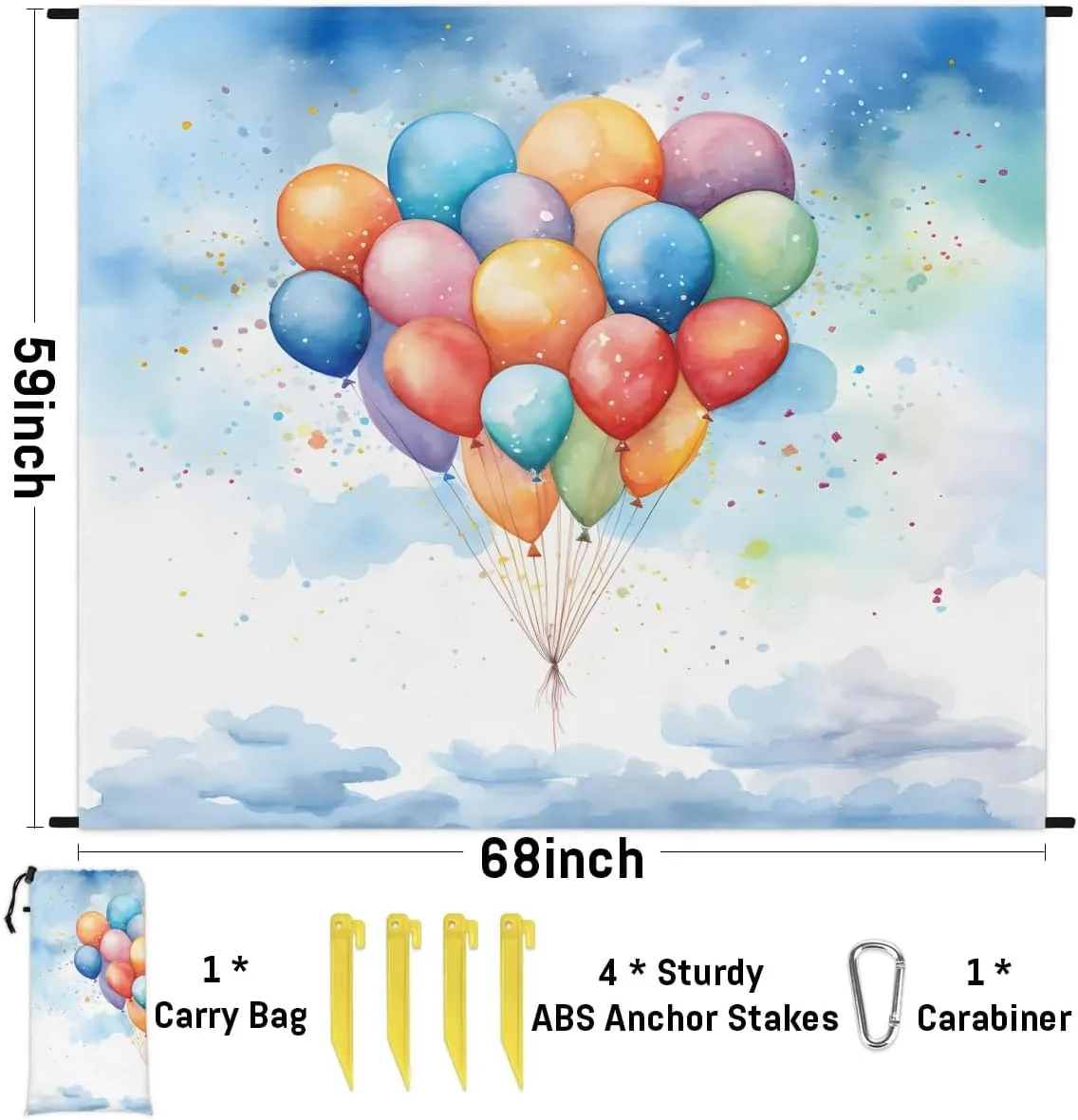 Balloons Beach Blanket, Sandproof Beach Mat, 68 x 59 Waterproof Quick Drying Sand Free Mat with 4 x Ground Spikes for Outdoor Travel Camping Hiking, Colorful Balloons