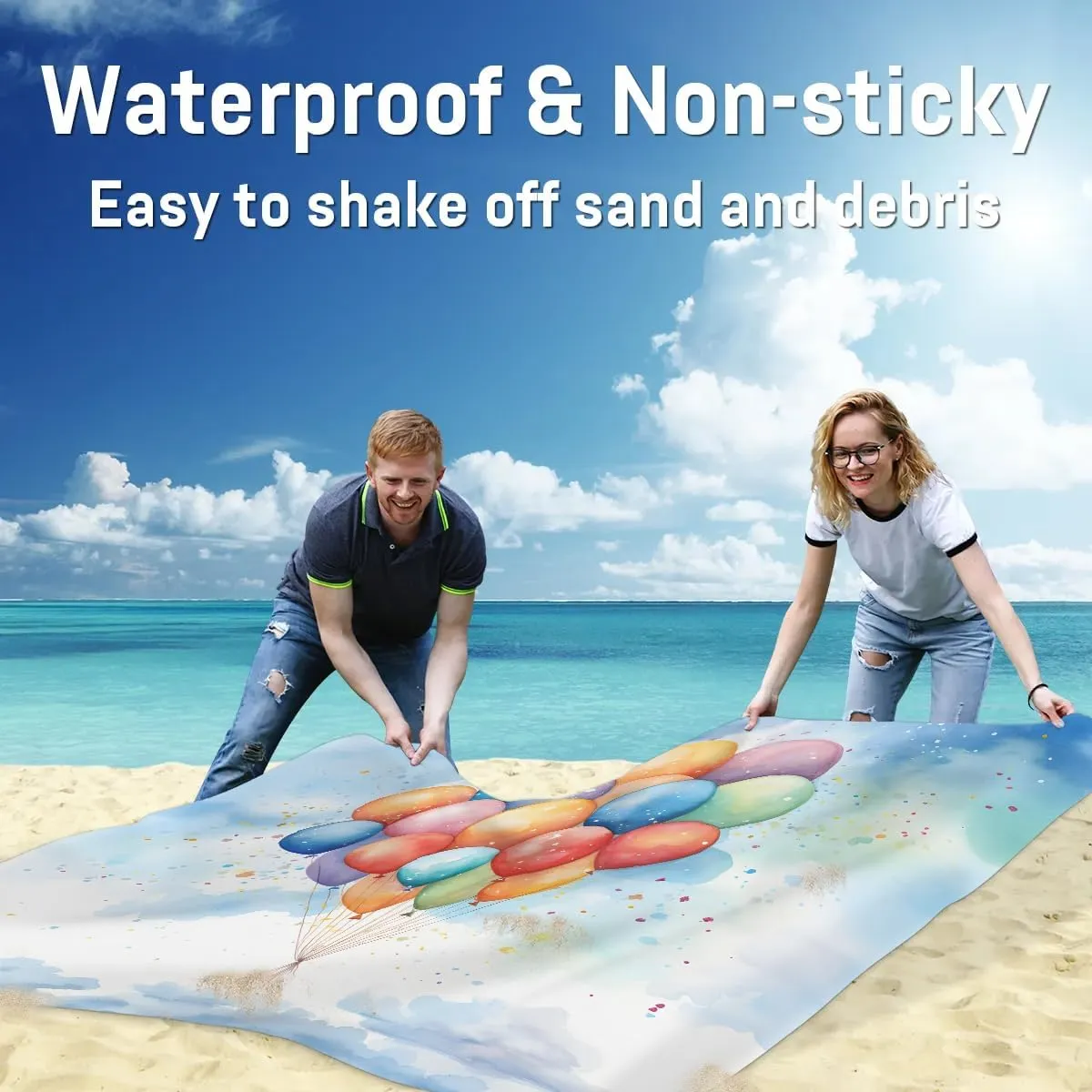 Balloons Beach Blanket, Sandproof Beach Mat, 68 x 59 Waterproof Quick Drying Sand Free Mat with 4 x Ground Spikes for Outdoor Travel Camping Hiking, Colorful Balloons
