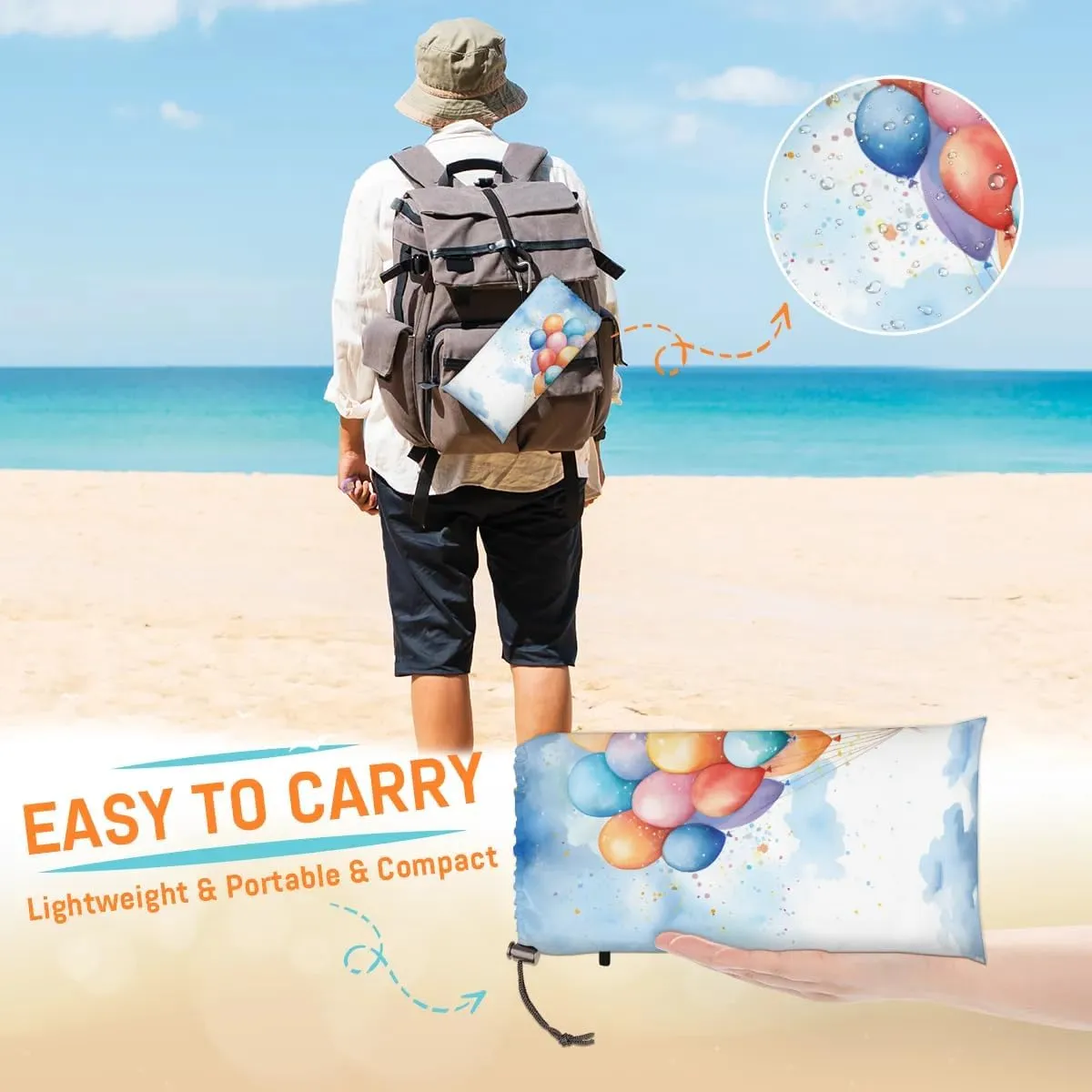 Balloons Beach Blanket, Sandproof Beach Mat, 68 x 59 Waterproof Quick Drying Sand Free Mat with 4 x Ground Spikes for Outdoor Travel Camping Hiking, Colorful Balloons