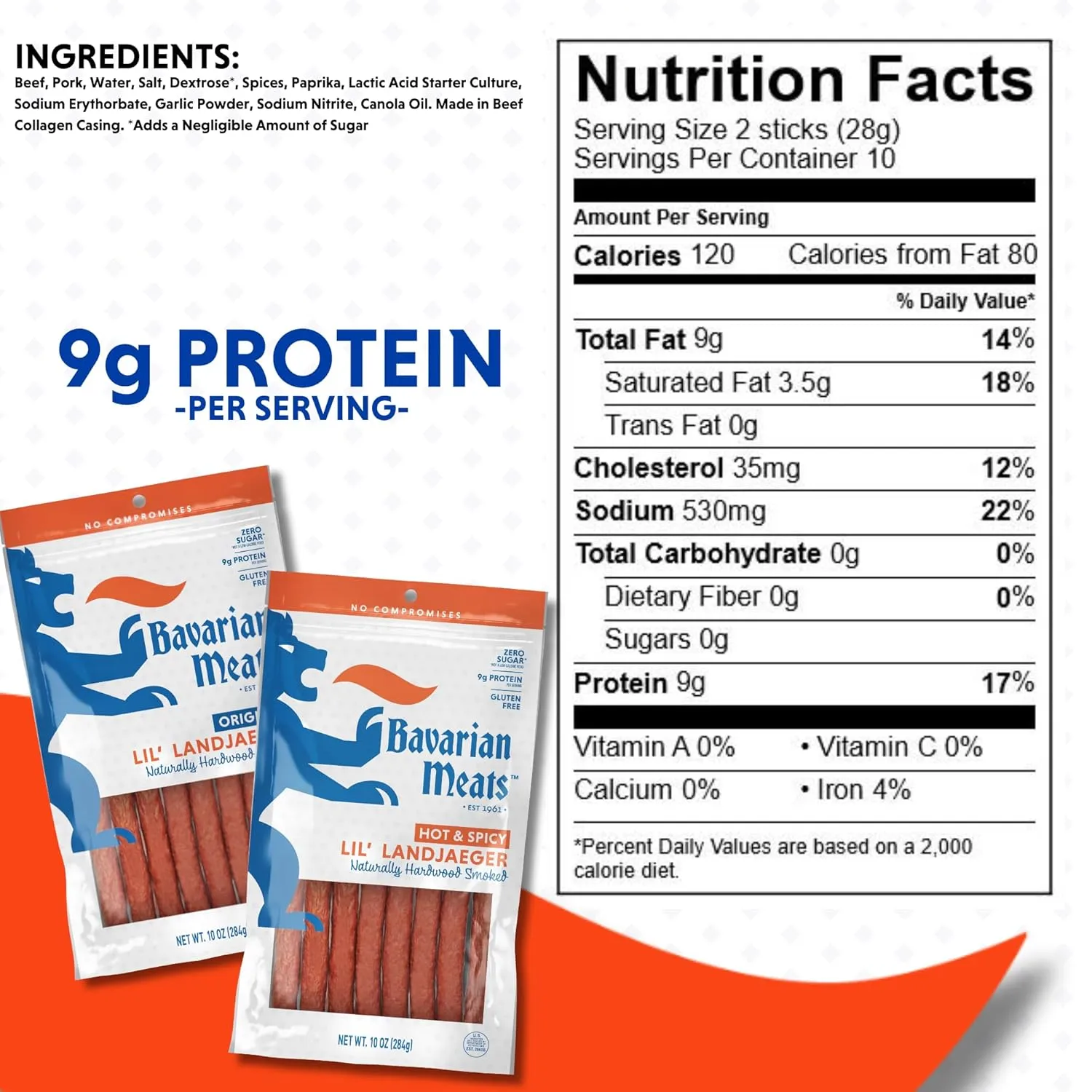 Bavarian Meats Lil' Landjaegers Meat Sticks, Smoked Sausage Protein Snacks, Zero Sugar, Great Source of Protein, Gluten Free, Keto Friendly Low Carb Snack, 10 Ounce