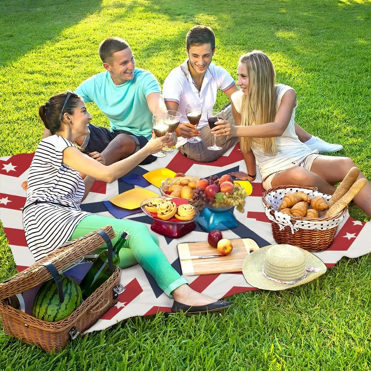 Beach Blanket, 4th of July Sandproof Beach Mat, Waterproof Quick Drying Sand Free Mat with 4 x Ground Spikes for Outdoor Travel Camping Hiking, Stars Stripes 68 x 59 in