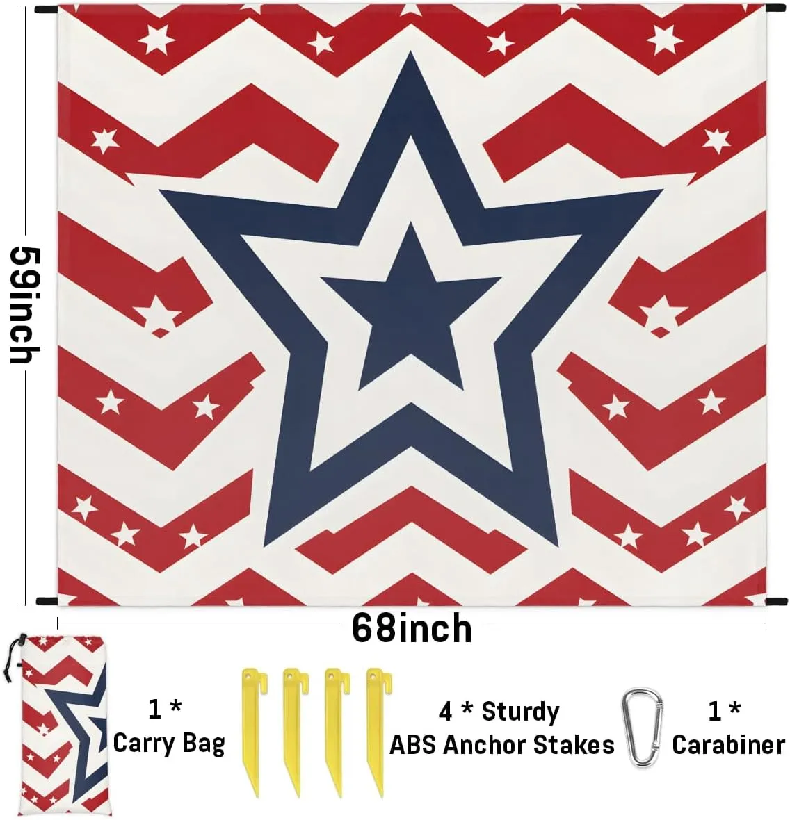 Beach Blanket, 4th of July Sandproof Beach Mat, Waterproof Quick Drying Sand Free Mat with 4 x Ground Spikes for Outdoor Travel Camping Hiking, Stars Stripes 68 x 59 in