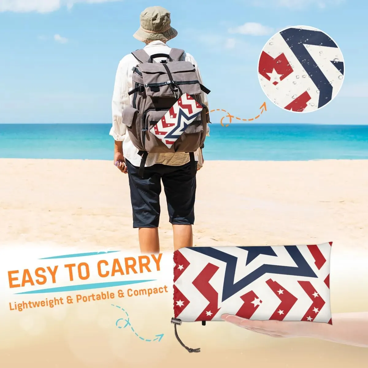 Beach Blanket, 4th of July Sandproof Beach Mat, Waterproof Quick Drying Sand Free Mat with 4 x Ground Spikes for Outdoor Travel Camping Hiking, Stars Stripes 68 x 59 in