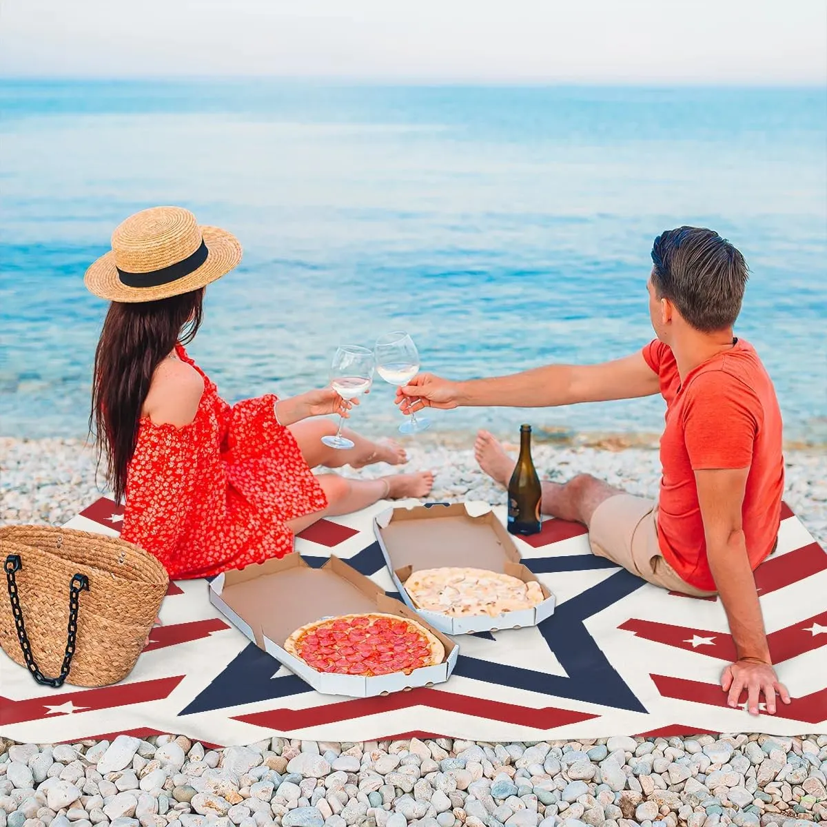 Beach Blanket, 4th of July Sandproof Beach Mat, Waterproof Quick Drying Sand Free Mat with 4 x Ground Spikes for Outdoor Travel Camping Hiking, Stars Stripes 68 x 59 in