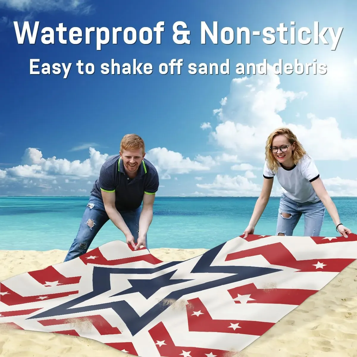 Beach Blanket, 4th of July Sandproof Beach Mat, Waterproof Quick Drying Sand Free Mat with 4 x Ground Spikes for Outdoor Travel Camping Hiking, Stars Stripes 68 x 59 in