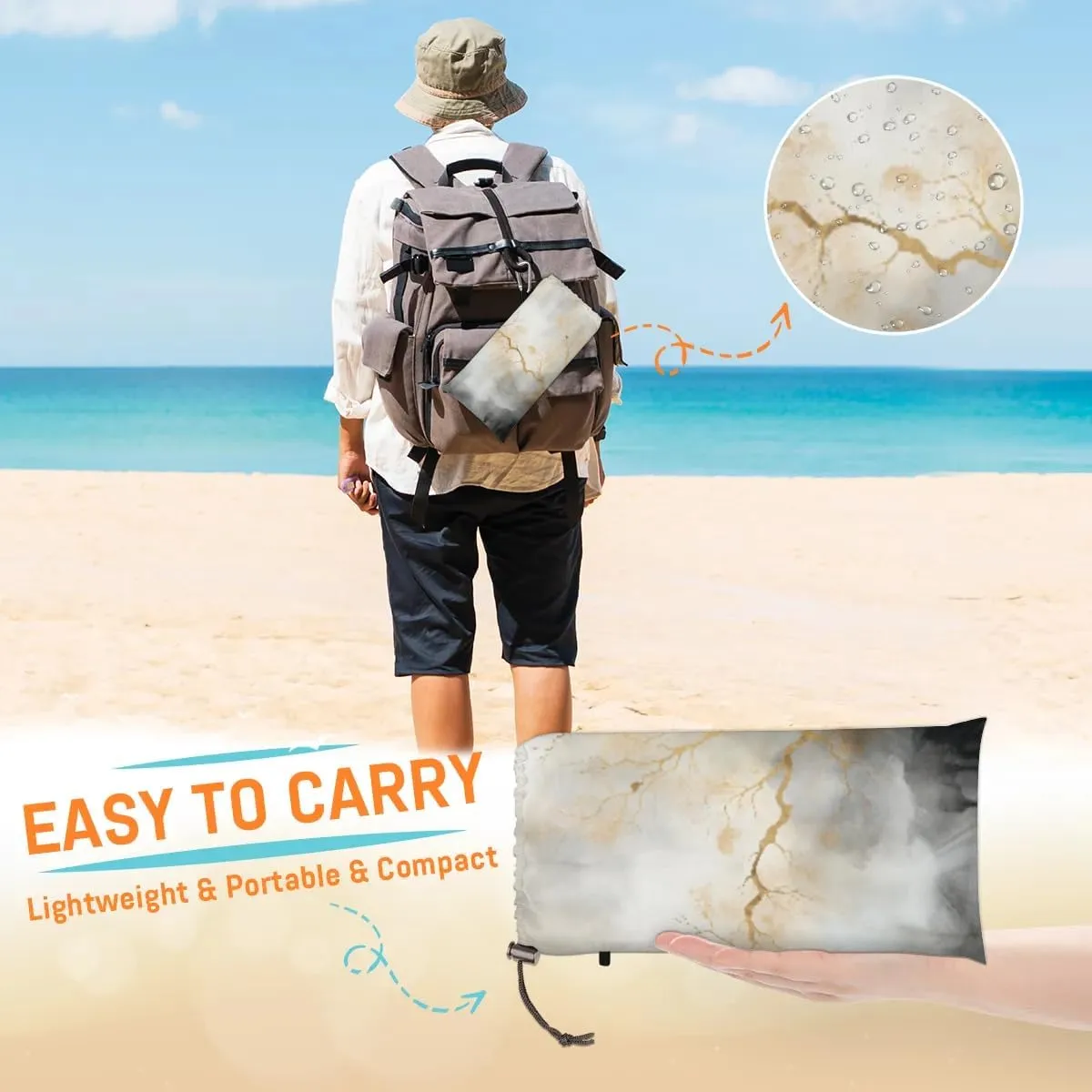 Beach Blanket, Abstract Marble Sandproof Beach Mat, Waterproof Quick Drying Sand Free Mat with 4 x Ground Spikes for Outdoor Travel Camping Hiking, Grey Jade Texture Gold Stripes 68 x 59 in