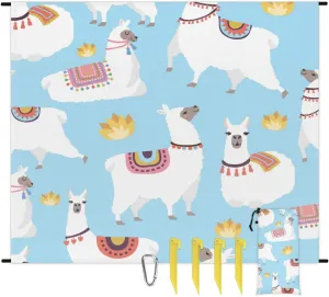 Beach Blanket, Alpaca Llama Sandproof Beach Mat, Waterproof Quick Drying Sand Free Mat with 4 x Ground Spikes for Outdoor Travel Camping Hiking, Cute Animal 68 x 59 in