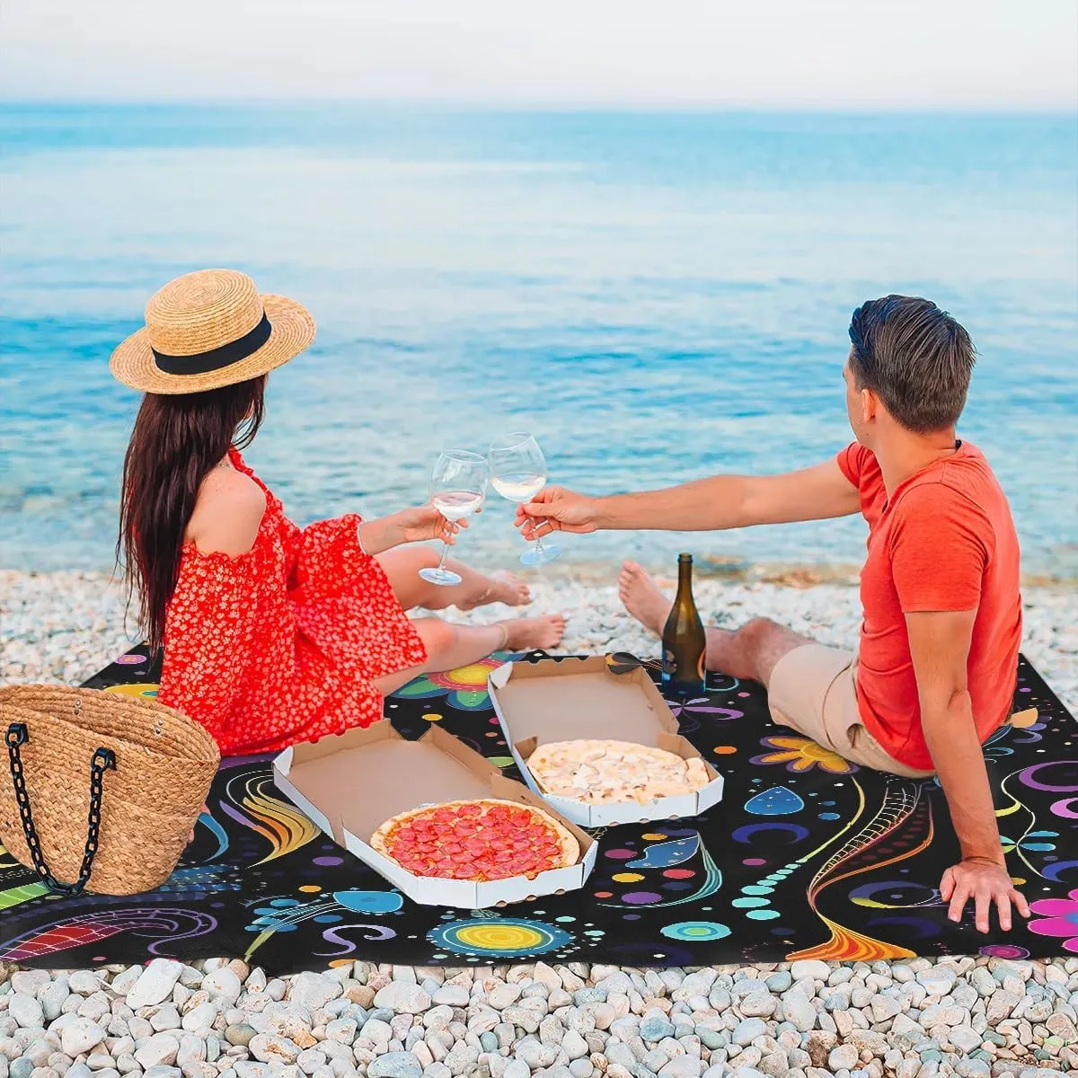 Beach Blanket, Aztec Print Sandproof Beach Mat, Waterproof Quick Drying Sand Free Mat with 4 x Ground Spikes for Outdoor Travel Camping Hiking, Vintage Bohemian 68 x 59 in