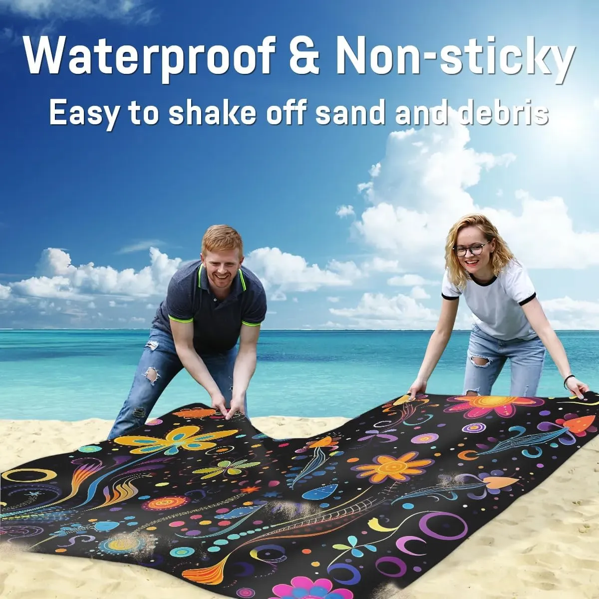Beach Blanket, Aztec Print Sandproof Beach Mat, Waterproof Quick Drying Sand Free Mat with 4 x Ground Spikes for Outdoor Travel Camping Hiking, Vintage Bohemian 68 x 59 in