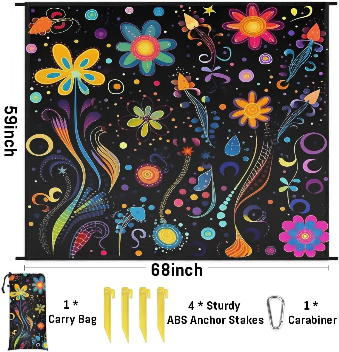 Beach Blanket, Aztec Print Sandproof Beach Mat, Waterproof Quick Drying Sand Free Mat with 4 x Ground Spikes for Outdoor Travel Camping Hiking, Vintage Bohemian 68 x 59 in