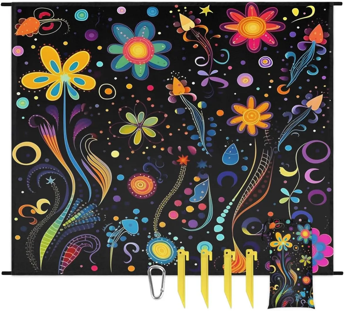 Beach Blanket, Aztec Print Sandproof Beach Mat, Waterproof Quick Drying Sand Free Mat with 4 x Ground Spikes for Outdoor Travel Camping Hiking, Vintage Bohemian 68 x 59 in