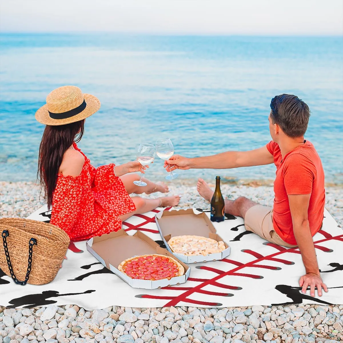 Beach Blanket, Baseball Themed Sandproof Beach Mat, Waterproof Quick Drying Sand Free Mat with 4 x Ground Spikes for Outdoor Travel Camping Hiking, Sports 68 x 59 in