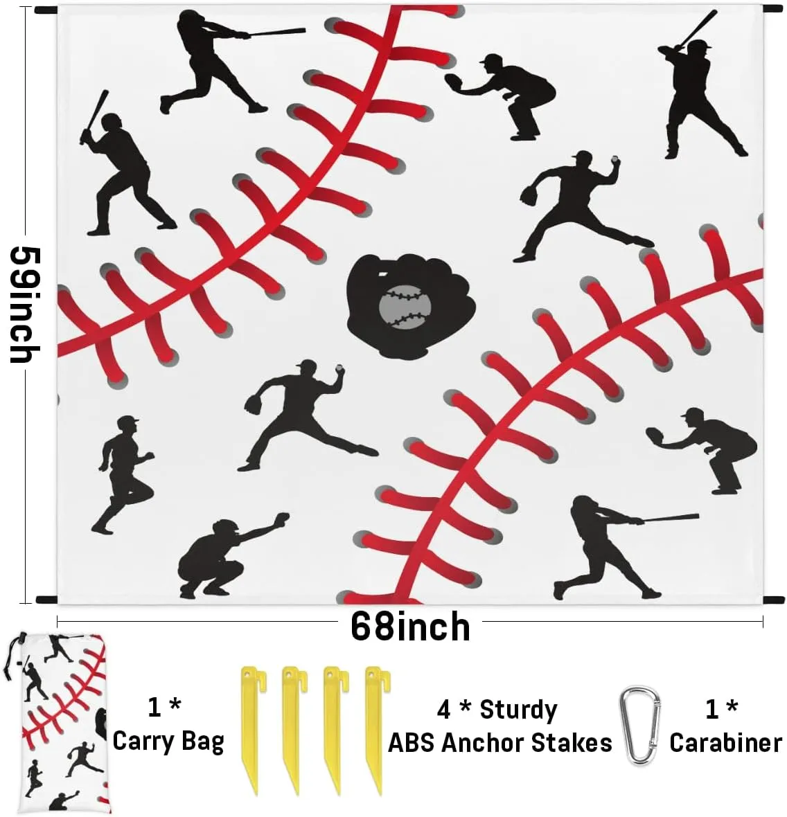 Beach Blanket, Baseball Themed Sandproof Beach Mat, Waterproof Quick Drying Sand Free Mat with 4 x Ground Spikes for Outdoor Travel Camping Hiking, Sports 68 x 59 in