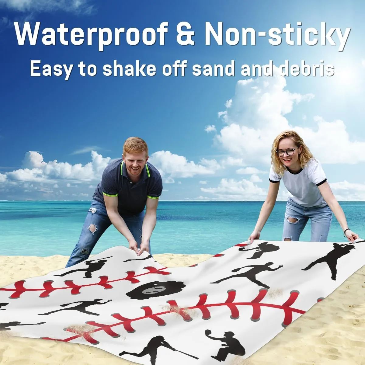 Beach Blanket, Baseball Themed Sandproof Beach Mat, Waterproof Quick Drying Sand Free Mat with 4 x Ground Spikes for Outdoor Travel Camping Hiking, Sports 68 x 59 in