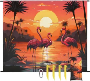 Beach Blanket, Beach Sandproof Beach Mat, Waterproof Quick Drying Sand Free Mat with 4 x Ground Spikes for Outdoor Travel Camping Hiking, Tropical Flamingos 68 x 59 in