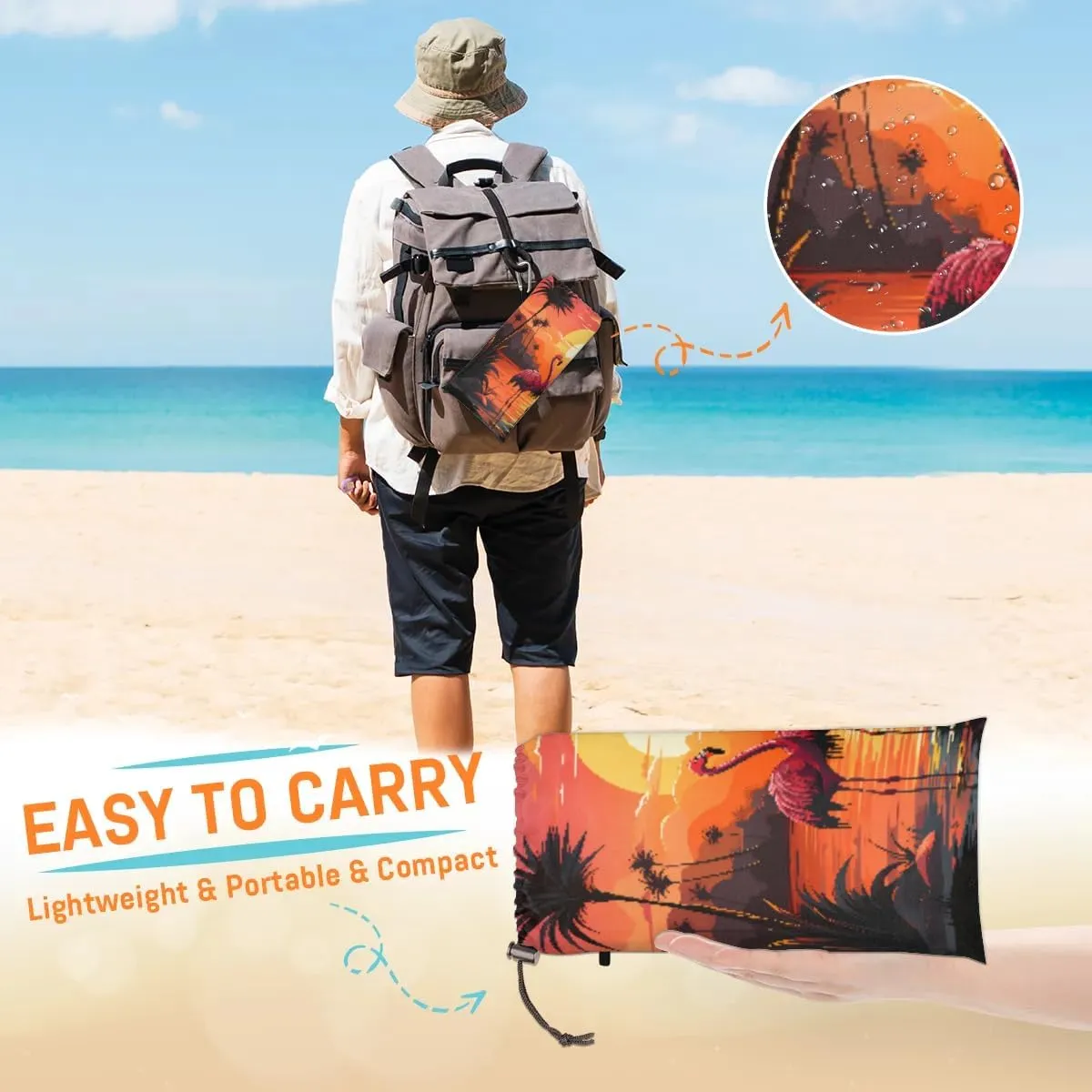 Beach Blanket, Beach Sandproof Beach Mat, Waterproof Quick Drying Sand Free Mat with 4 x Ground Spikes for Outdoor Travel Camping Hiking, Tropical Flamingos 68 x 59 in