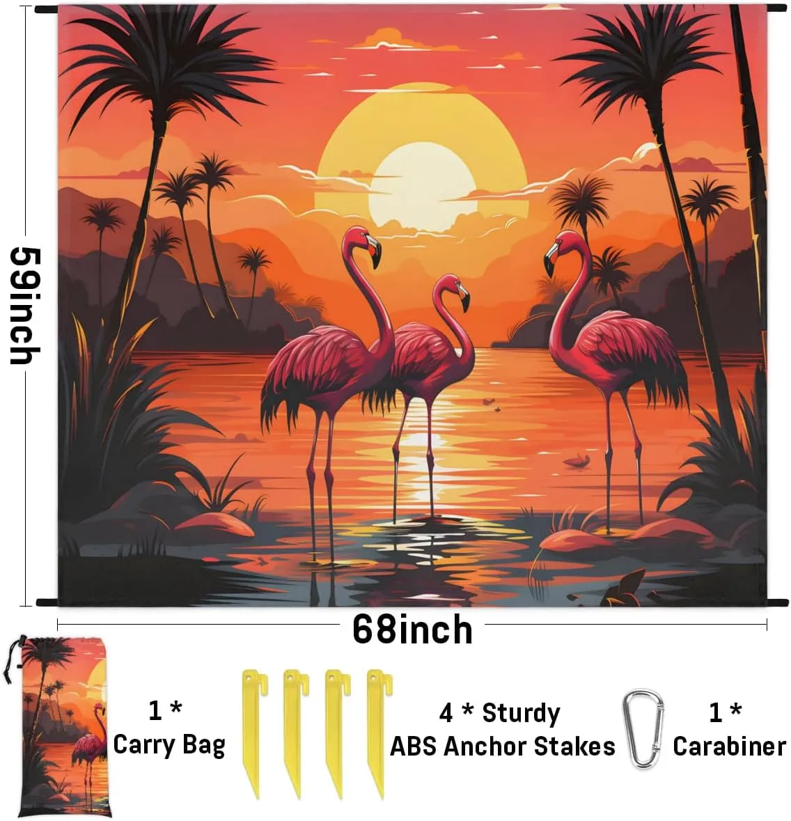 Beach Blanket, Beach Sandproof Beach Mat, Waterproof Quick Drying Sand Free Mat with 4 x Ground Spikes for Outdoor Travel Camping Hiking, Tropical Flamingos 68 x 59 in